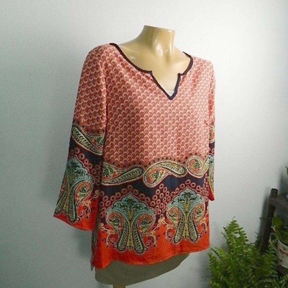 Mi Ami Tunic Top Womens Large Orange Navy Paisley Split Neck 3/4 Sleeve Boho